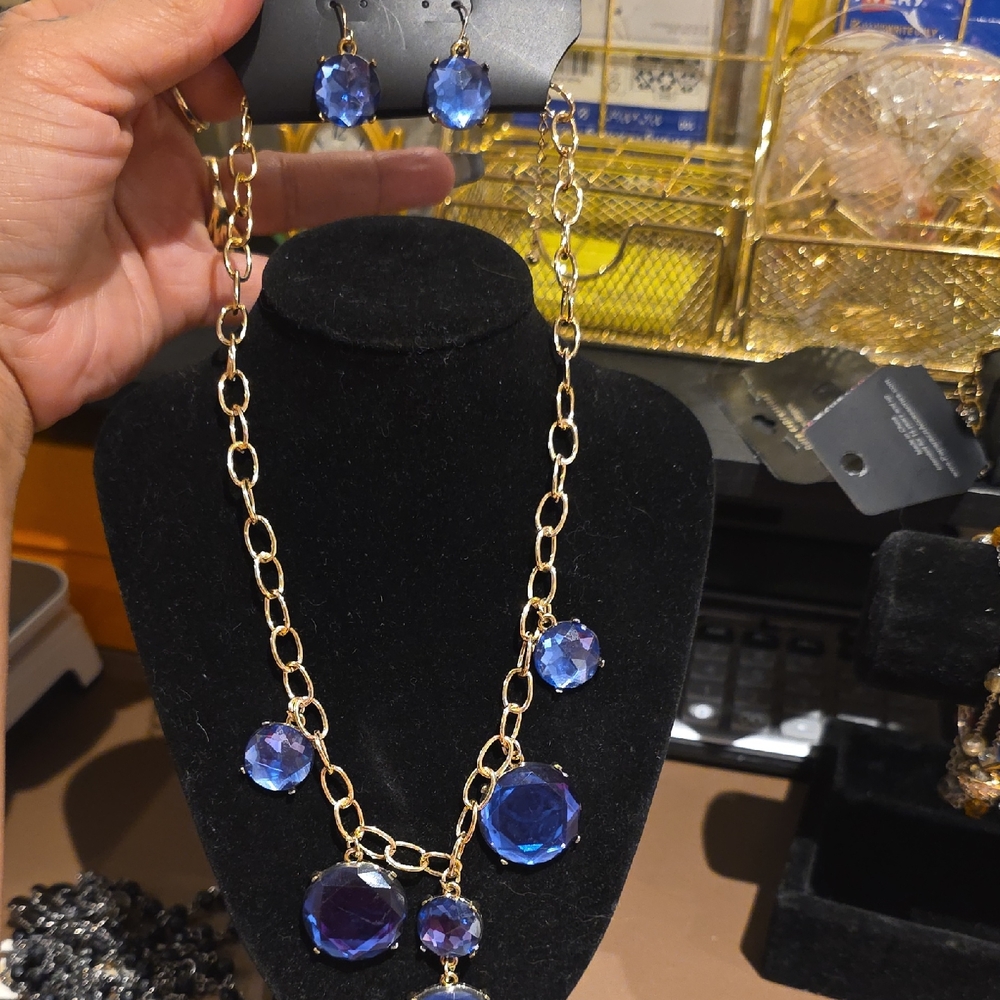 Gold-Tone Necklace and Earring Set with Deep Blue Faceted Stones